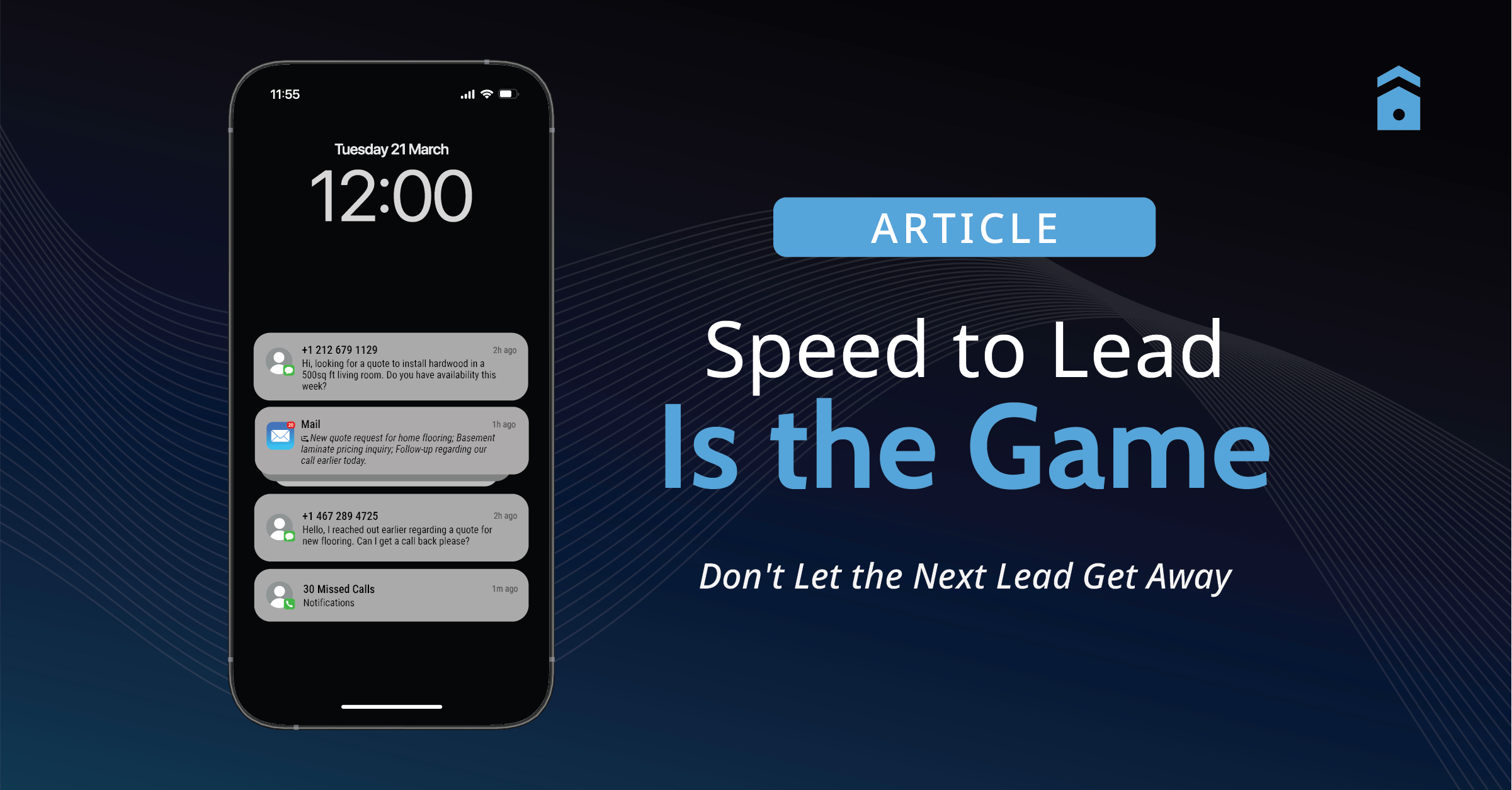 Smartphone screen showing missed calls and text messages from prospective customers next to the text Speed to Lead Is the Game